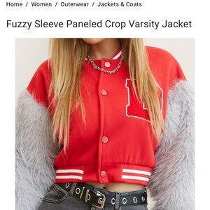 SHEIN Red and Gray Fuzzy Sleeve Varsity Jacket